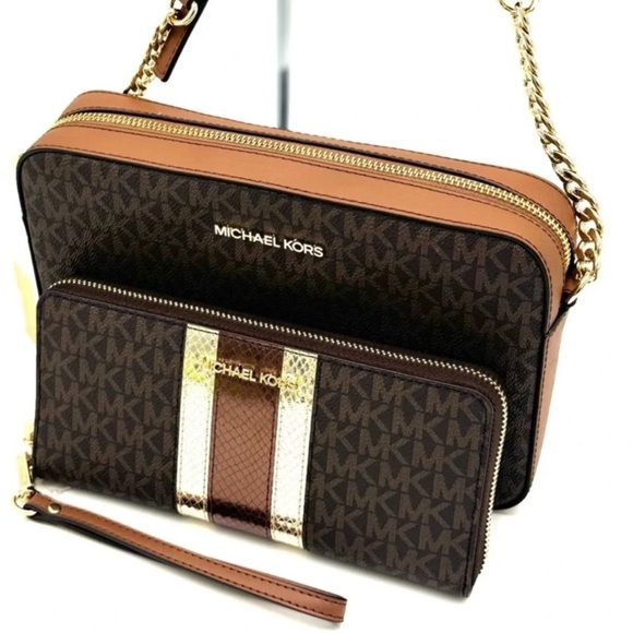 Michael Kors Large EW Zip Chain Xbody Crossbody Bag & Continental Wallet Brown - Picture 10 of 13